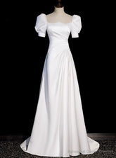 White Short Sleeve Square Neck Pleats Wedding Dress